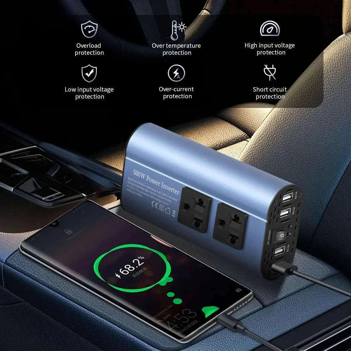 Car Power Inverter 12V to 220V with 3 USB Ports and European Socket-400W-BLACK