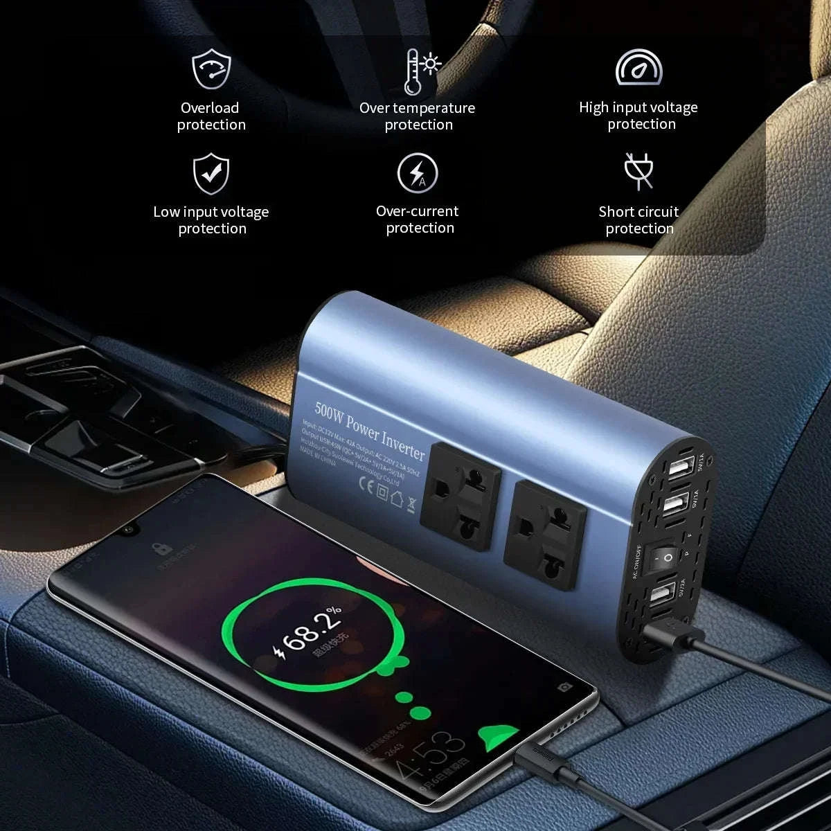Car Power Inverter 12V to 220V with 3 USB Ports and European Socket-400W-BLACK