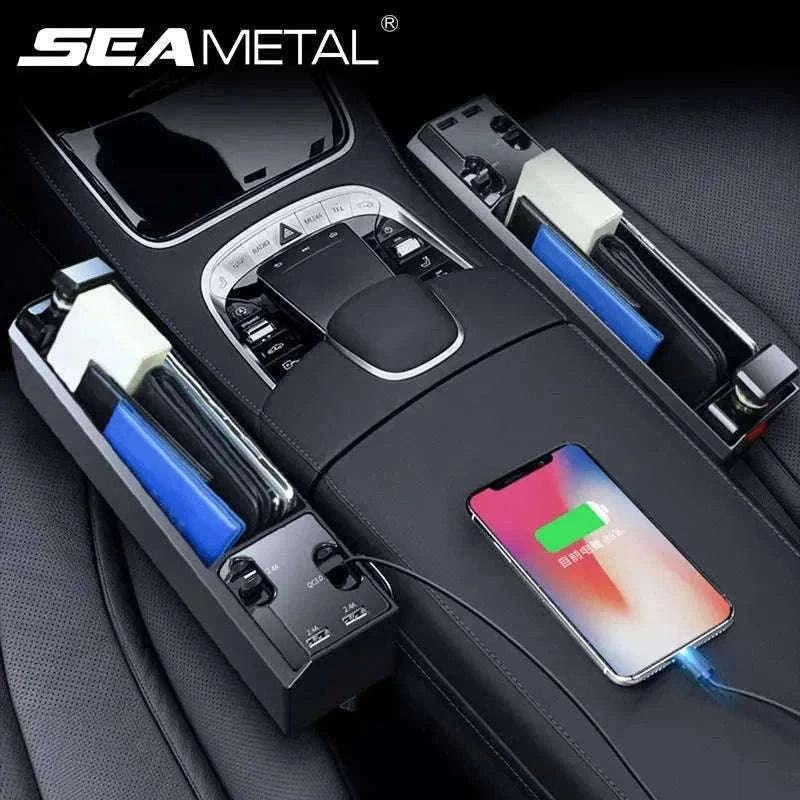 Car Seat Gap Storage Box with Charging Cable and Dual USB Ports-3 cables x 1pc