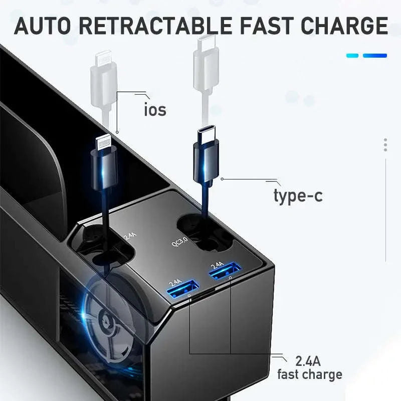 Car Seat Gap Storage Box with Charging Cable and Dual USB Ports-3 cables x 1pc