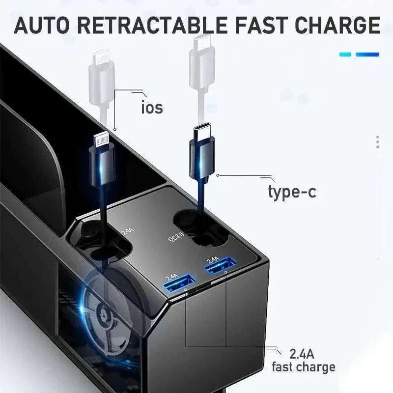 Car Seat Gap Storage Box with Charging Cable and Dual USB Ports-3 cables x 1pc