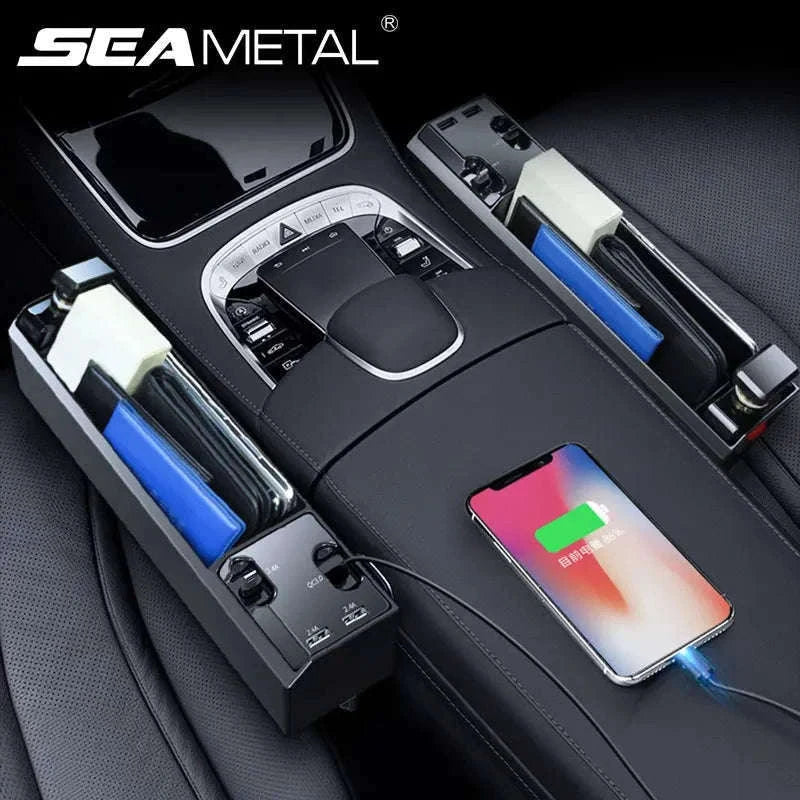 Car Seat Gap Storage Box with Charging Cable and Dual USB Ports-3 cables x 1pc