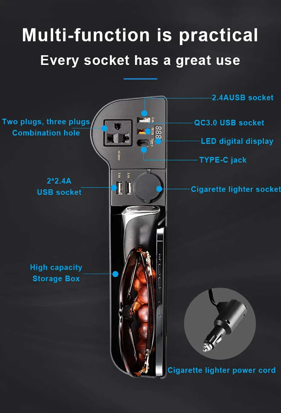 Car Seat Gap Storage Box with Power Adapter-1PC