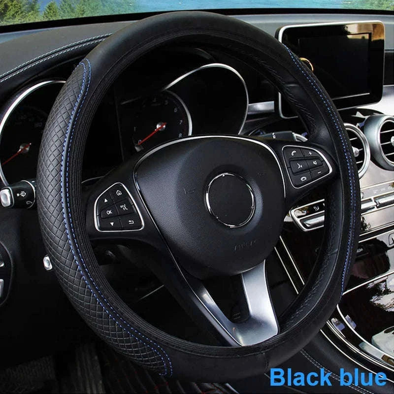 Car Steering Wheel Cover Anti-Slip PU Leather Universal 37-39cm-Black Blue