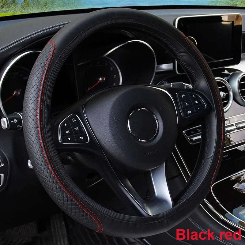 Car Steering Wheel Cover Anti-Slip PU Leather Universal 37-39cm-Black Blue