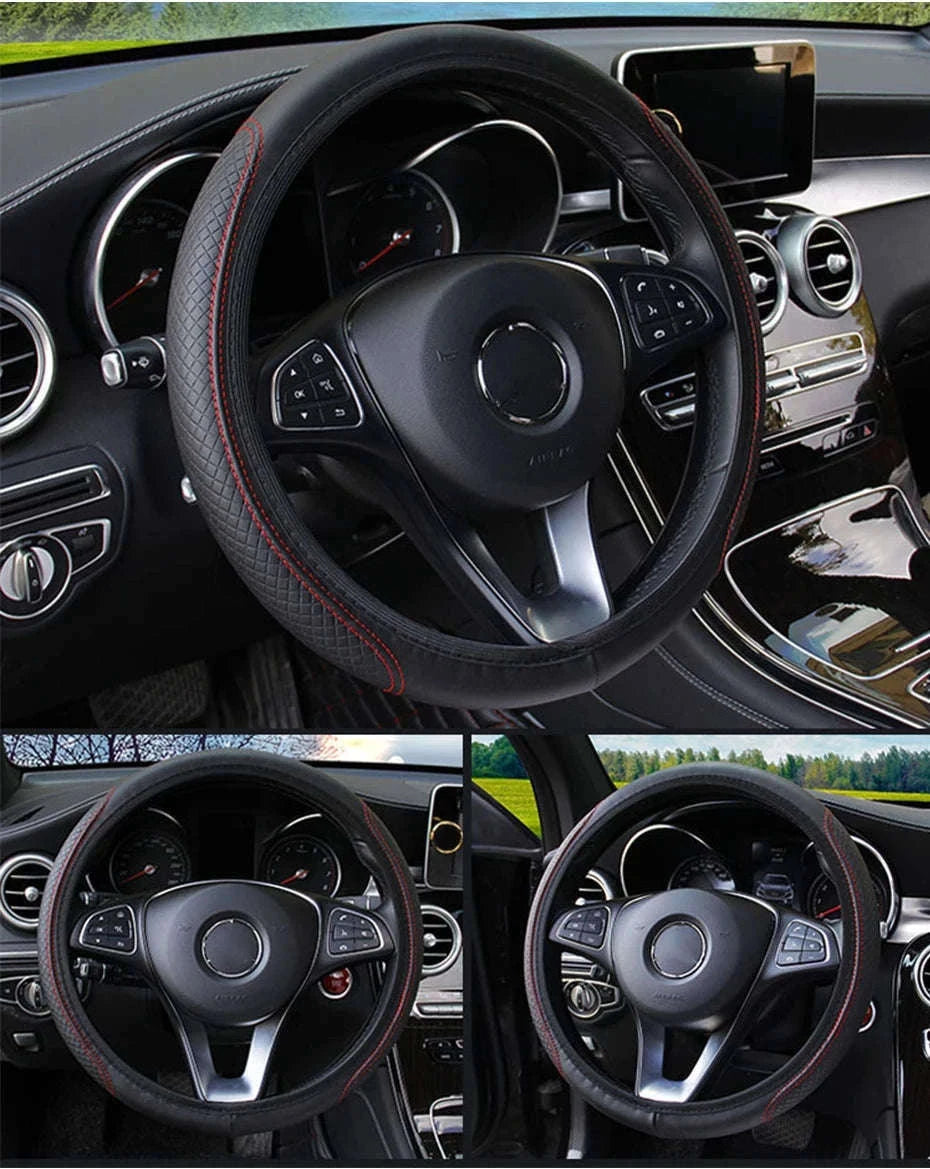 Car Steering Wheel Cover Anti-Slip PU Leather Universal 37-39cm-Black Blue
