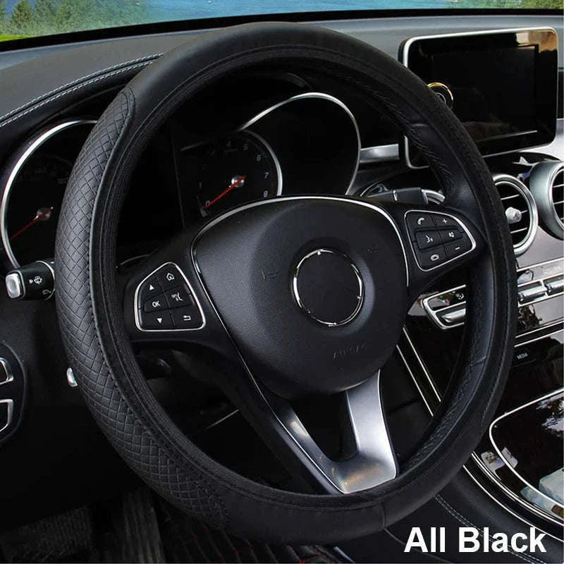 Car Steering Wheel Cover Anti-Slip PU Leather Universal 37-39cm-Black Blue