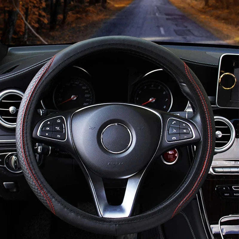 Car Steering Wheel Cover Anti-Slip PU Leather Universal 37-39cm-Black Blue