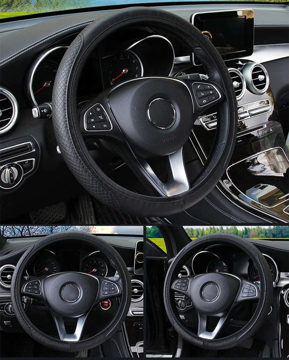 Car Steering Wheel Cover Anti-Slip PU Leather Universal 37-39cm-Black Blue