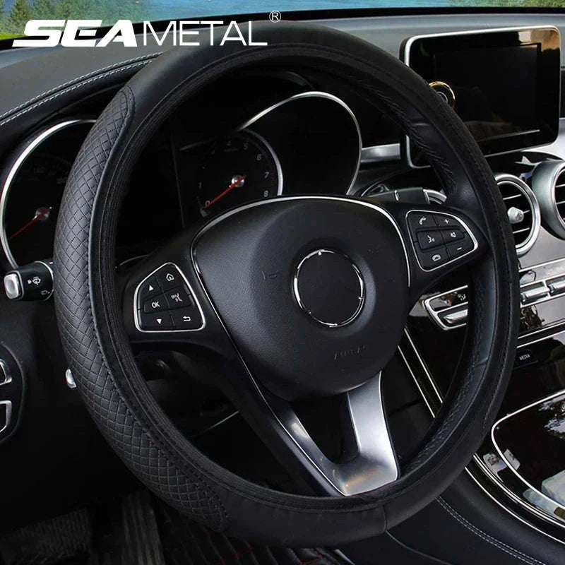 Car Steering Wheel Cover Anti-Slip PU Leather Universal 37-39cm-Black Blue