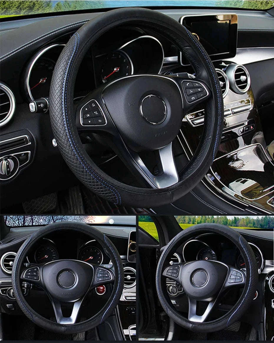 Car Steering Wheel Cover Anti-Slip PU Leather Universal 37-39cm-Black Blue