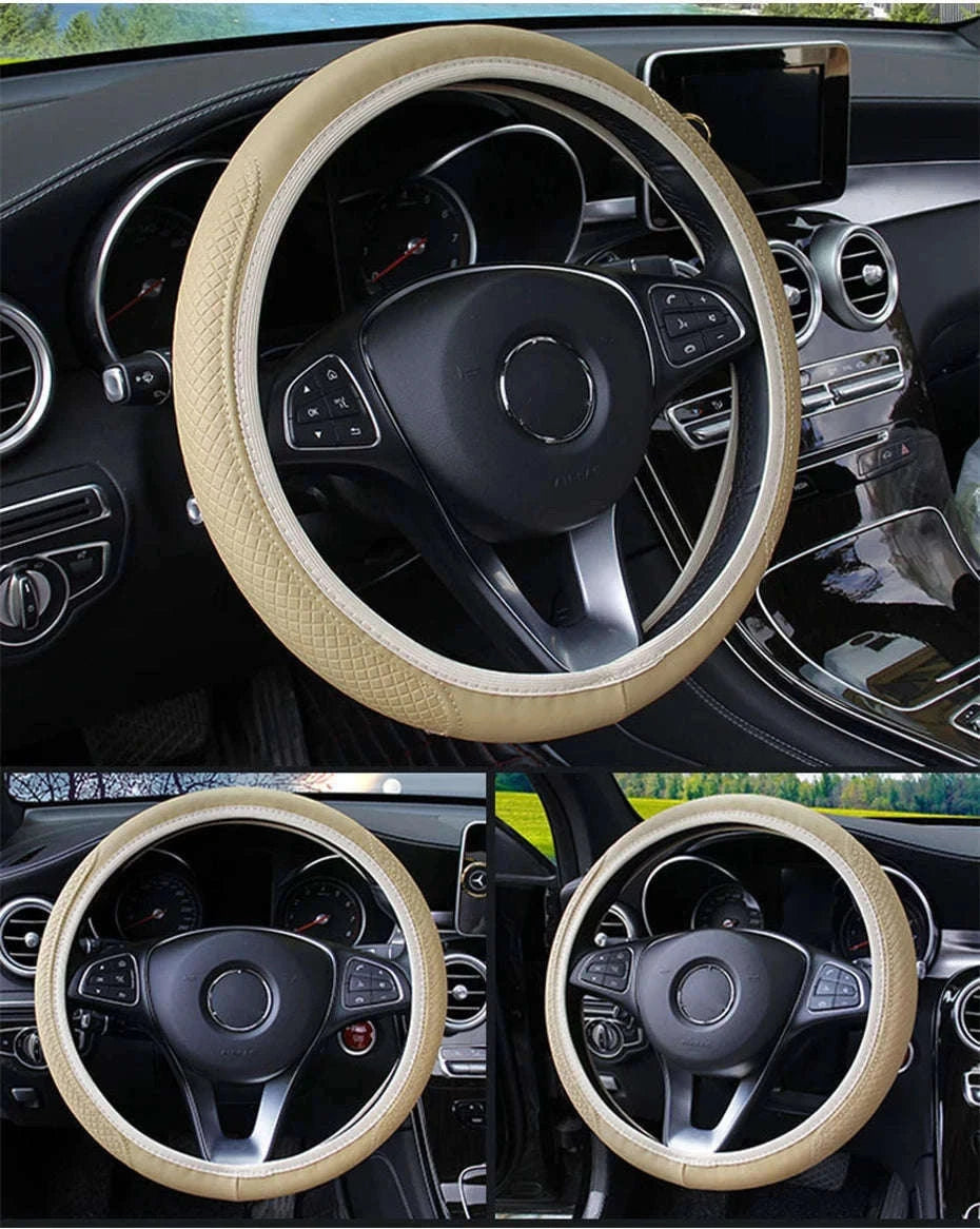 Car Steering Wheel Cover Anti-Slip PU Leather Universal 37-39cm-Black Blue
