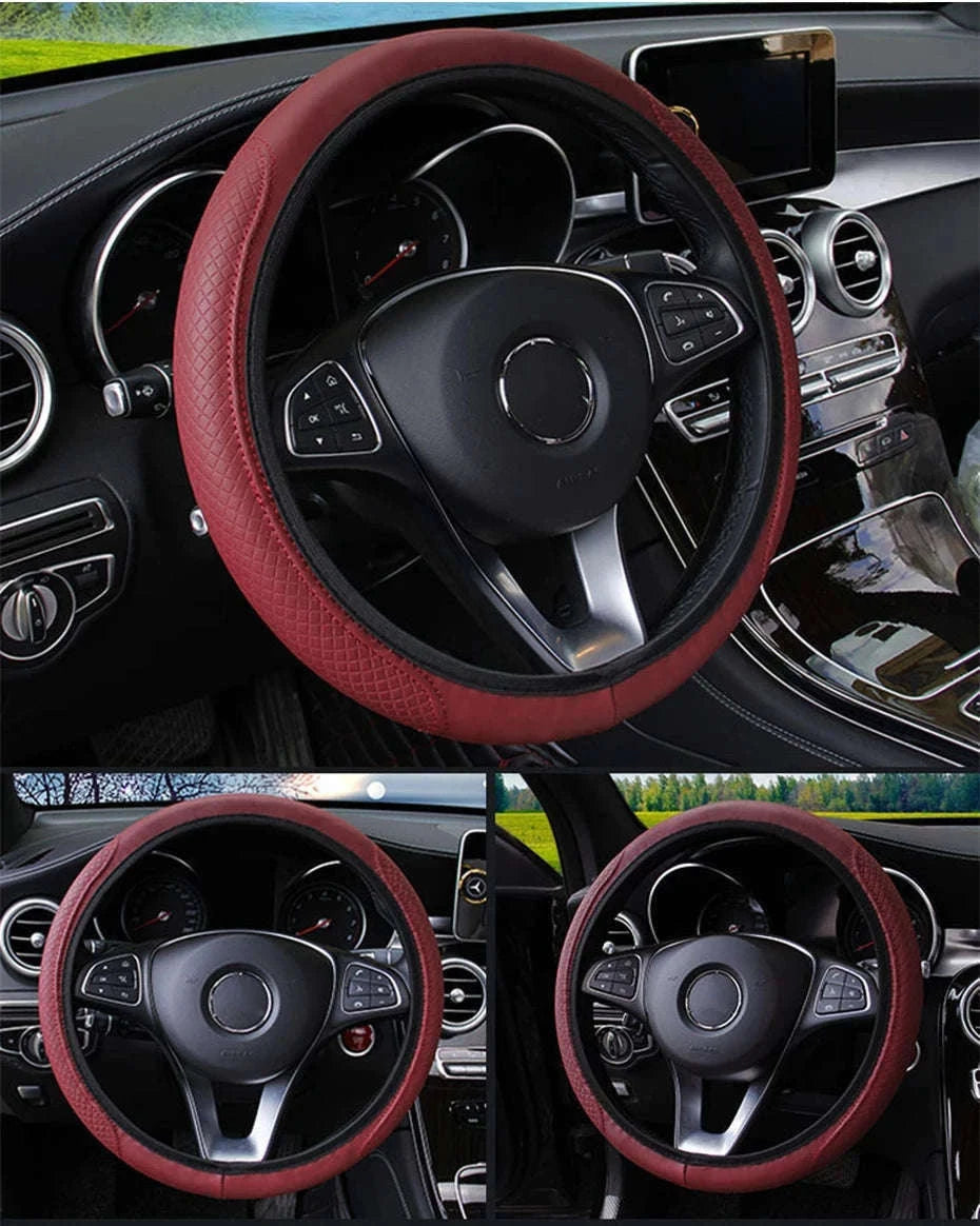 Car Steering Wheel Cover Anti-Slip PU Leather Universal 37-39cm-Black Blue
