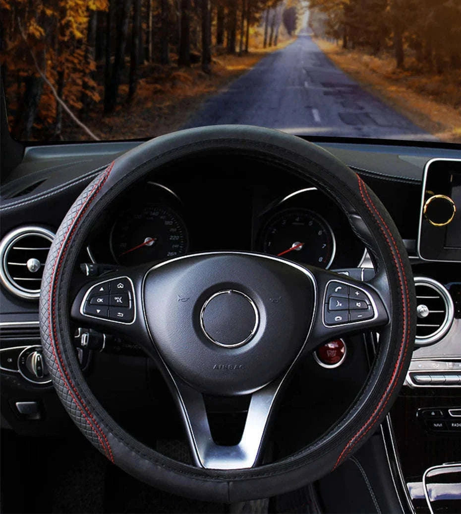 Car Steering Wheel Cover Anti-Slip PU Leather Universal 37-39cm-Black Blue