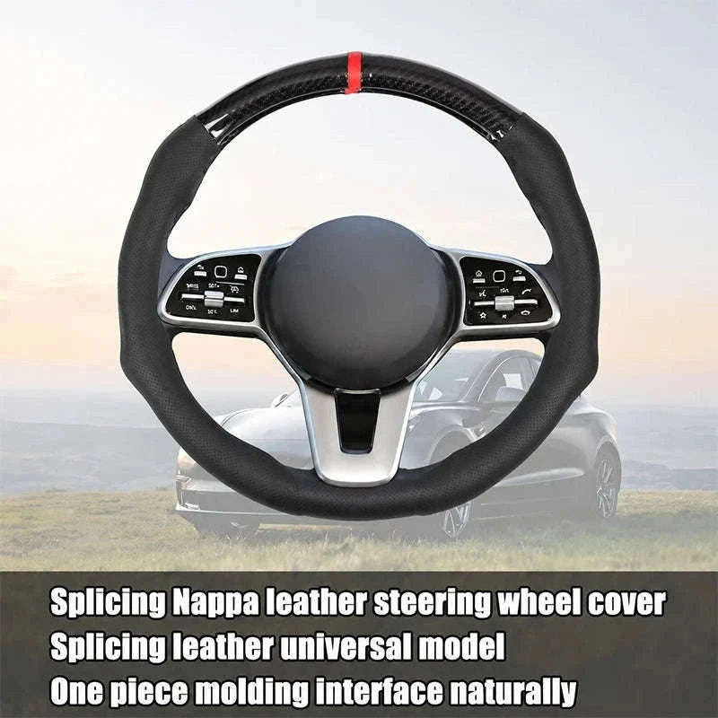 Car Steering Wheel Cover Nappa Leather Snap-On with Centering Marker-Black 1PC
