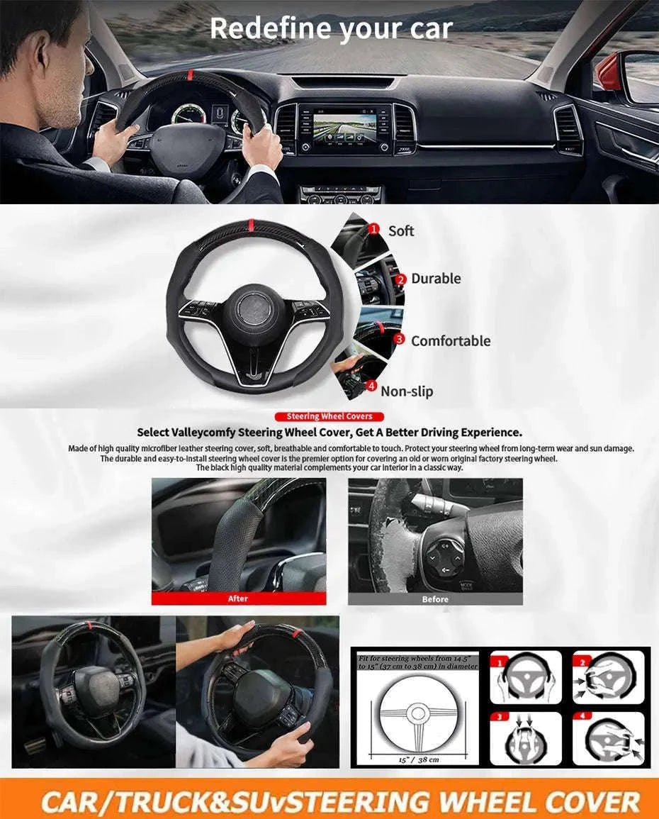 Car Steering Wheel Cover Nappa Leather Snap-On with Centering Marker-Black 1PC