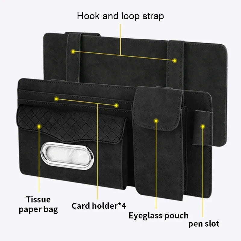 Car Sun Visor Storage Bag with Glasses Case and Tissue Holder-Leather gray