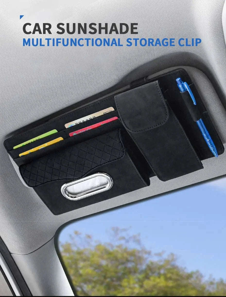 Car Sun Visor Storage Bag with Glasses Case and Tissue Holder-Leather gray