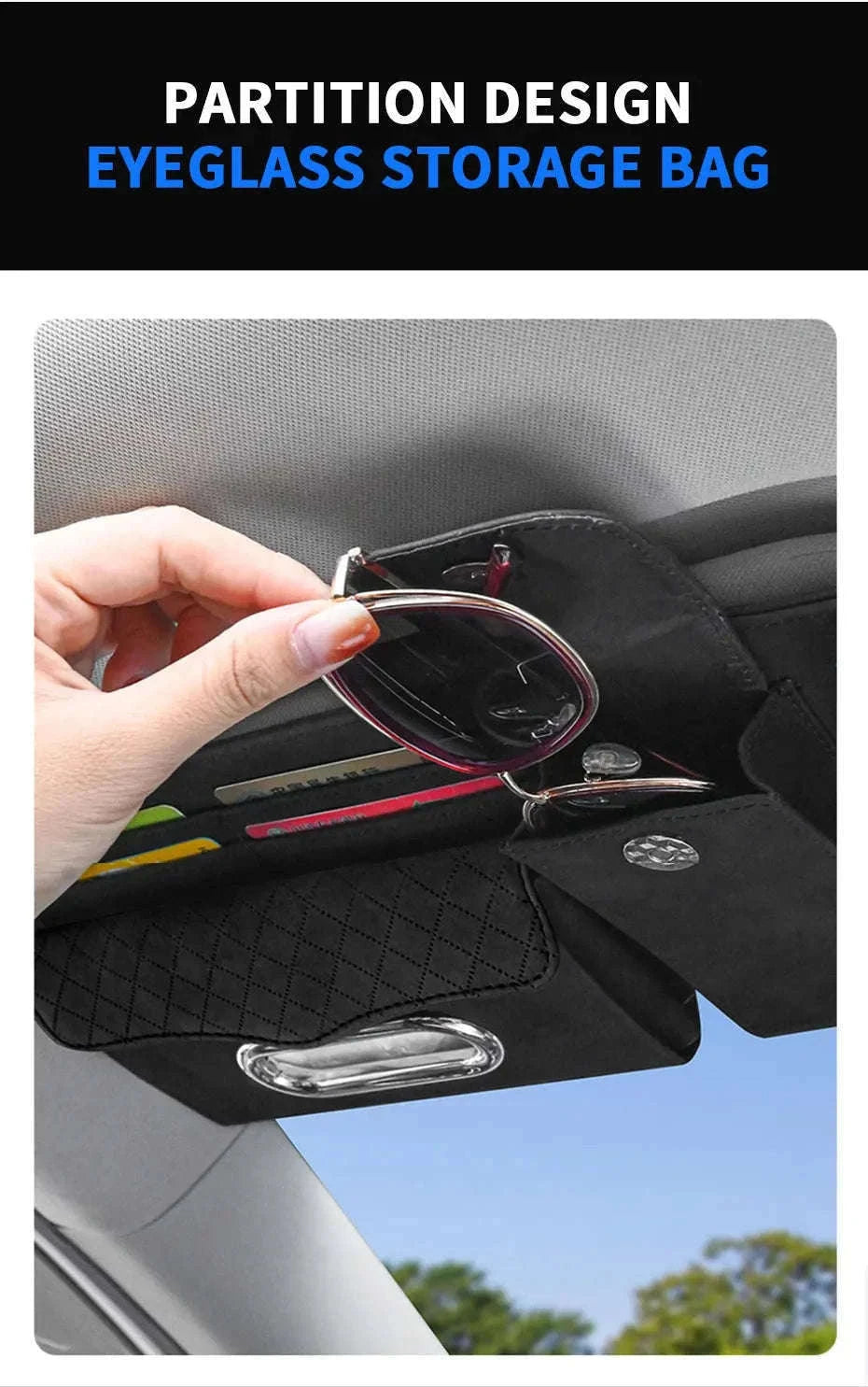 Car Sun Visor Storage Bag with Glasses Case and Tissue Holder-Leather gray