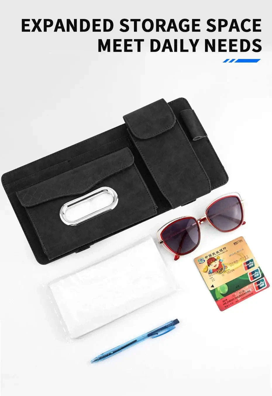 Car Sun Visor Storage Bag with Glasses Case and Tissue Holder-Leather gray