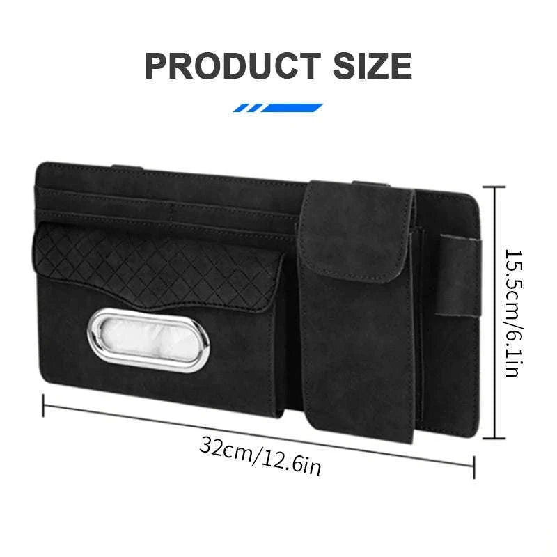 Car Sun Visor Storage Bag with Glasses Case and Tissue Holder-Leather gray