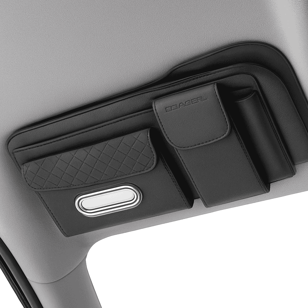 Car Sun Visor Storage Bag with Glasses Case and Tissue Holder-Leather gray