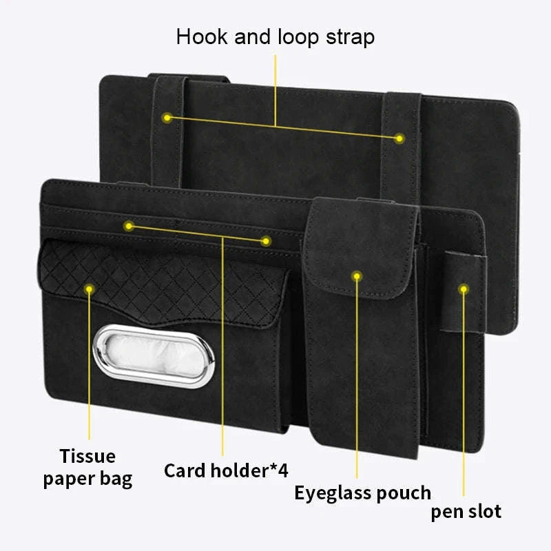 Car Sun Visor Storage Bag with Glasses Case and Tissue Holder-Leather gray