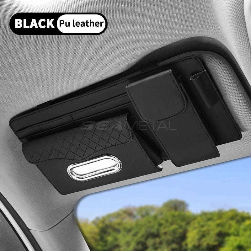 Car Sun Visor Storage Bag with Glasses Case and Tissue Holder-Leather gray