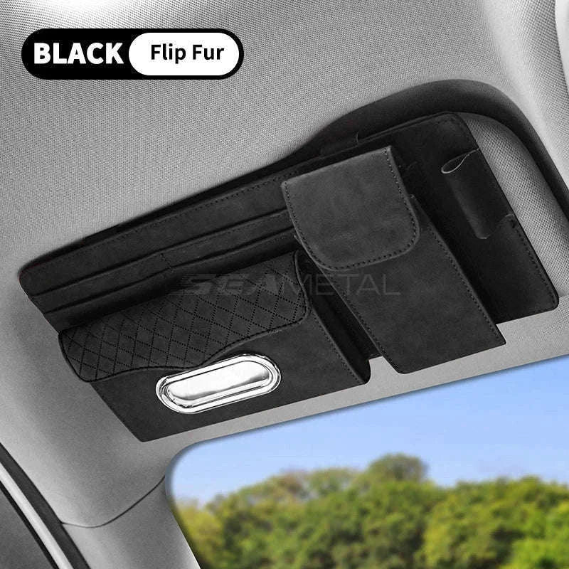 Car Sun Visor Storage Bag with Glasses Case and Tissue Holder-Leather gray
