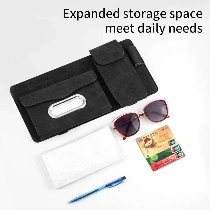Car Sun Visor Storage Bag with Glasses Case and Tissue Holder-Leather gray