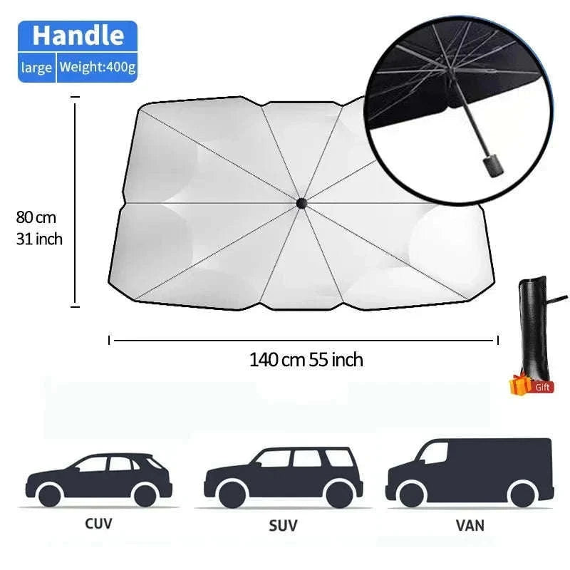 Car Sunshade Windshield Umbrella for Cooler Cabin Protection-Handle Opening M