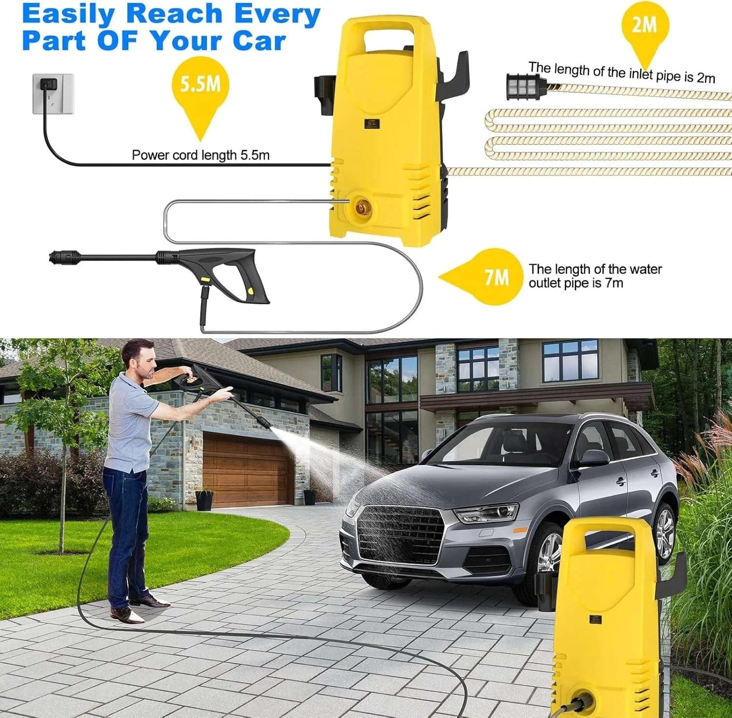 Car Wash Gun Electric High Pressure Washer with Adjustable Nozzle-Yellow / Corded Electric / UNITED KINGDOM