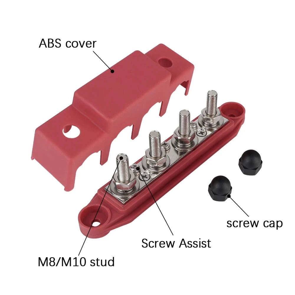 Caravan RV Power Distribution Block 4 Way 48V 250A DC Bus Bar with M8/M10 Studs-Red M10
