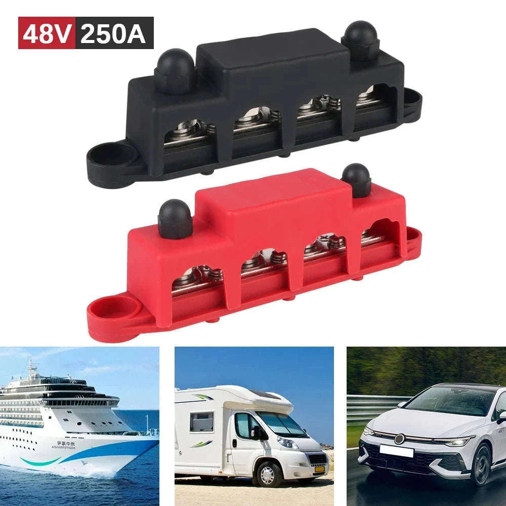 Caravan RV Power Distribution Block 4 Way 48V 250A DC Bus Bar with M8/M10 Studs-Red M10