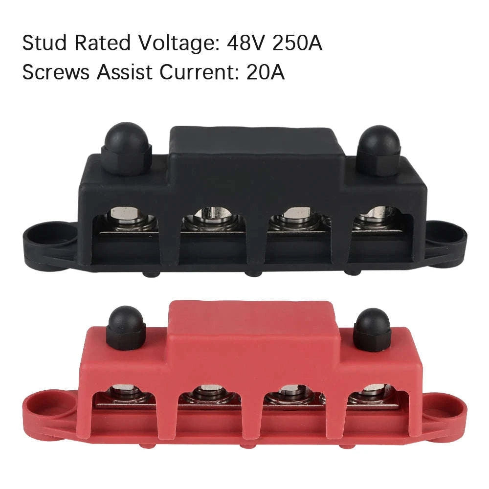 Caravan RV Power Distribution Block 4 Way 48V 250A DC Bus Bar with M8/M10 Studs-Red M10