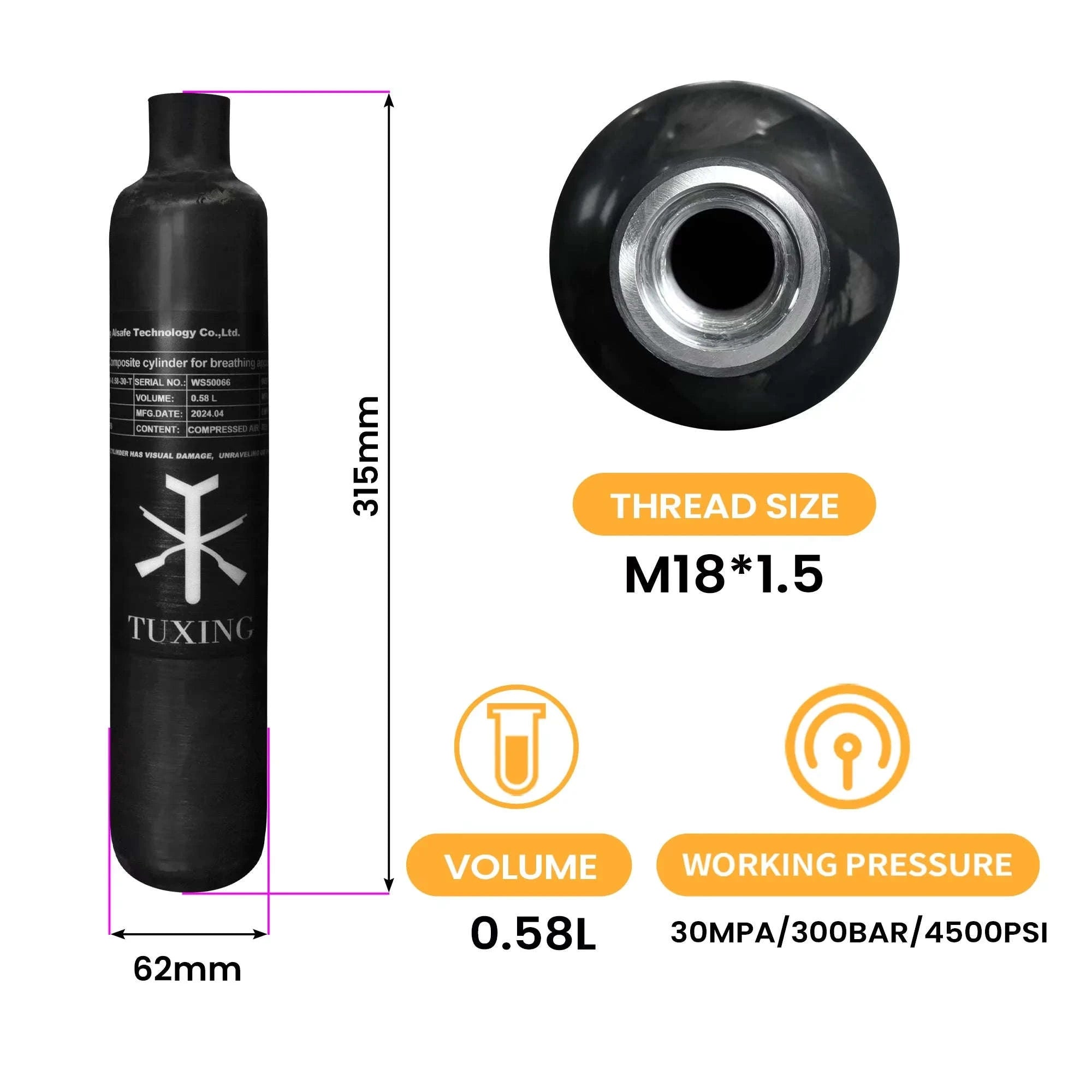 Carbon Fiber Cylinder HPA Tank 0.58L 300Bar M18*1.5-Only 0.58L / China Mainland