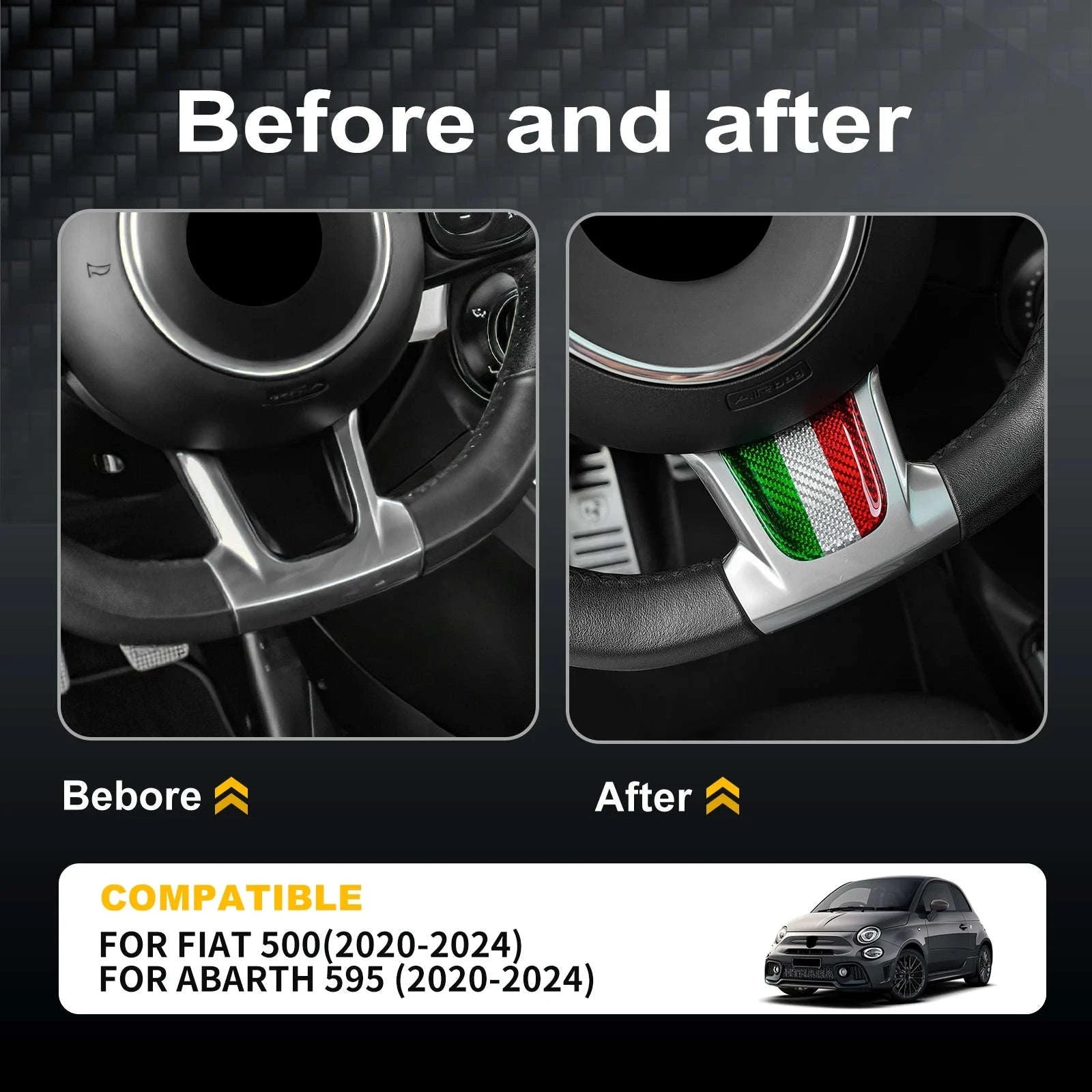 Carbon Fiber Steering Wheel Bottom Sticker for Fiat 500 Abarth-Tricolor / Germany