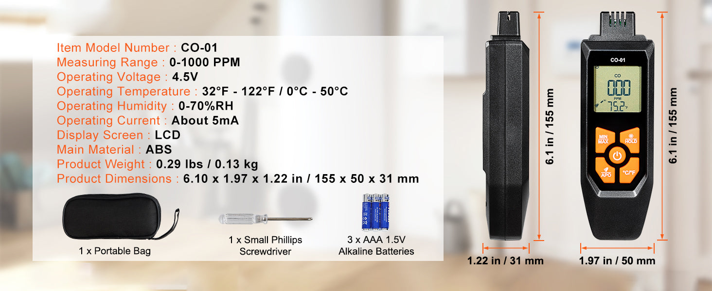 Carbon Monoxide Detector with Audible Alarm & LCD Display