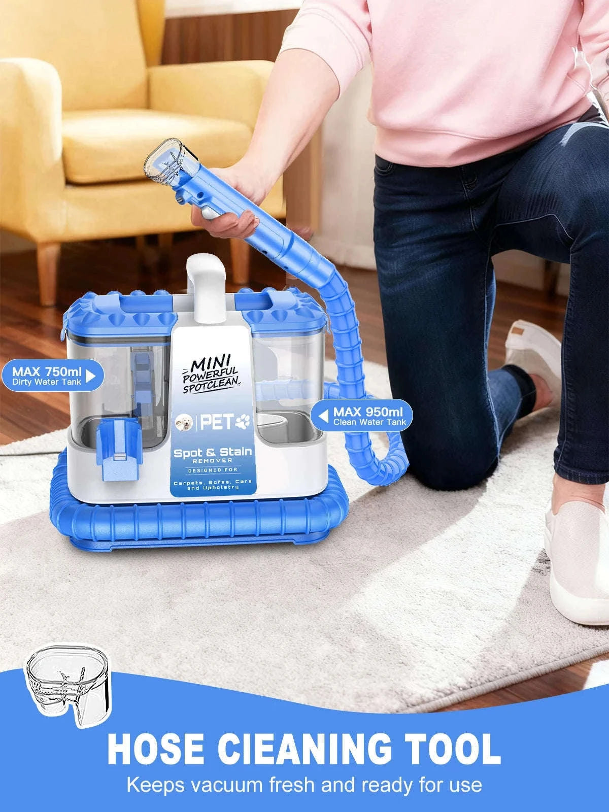 Carpet and Upholstery Cleaner Machine, 32Kpa Suction, 5 Tools-Pink / United States