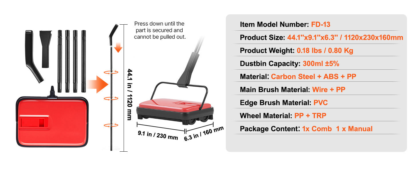 SucceBuy Carpet Sweeper Manual Floor Sweeper w/ 300ml Dustbin Capacity 6.7 Cleaning Width for Home Office Carpets Pet Hair Dust
