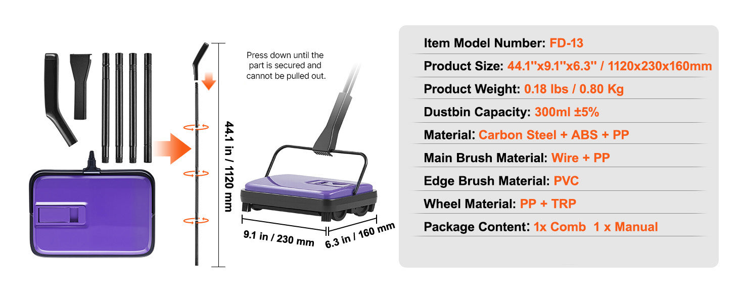 SucceBuy Carpet Sweeper Manual Floor Sweeper w/ 300ml Dustbin Capacity 6.7 Cleaning Width for Home Office Carpets Pet Hair Dust