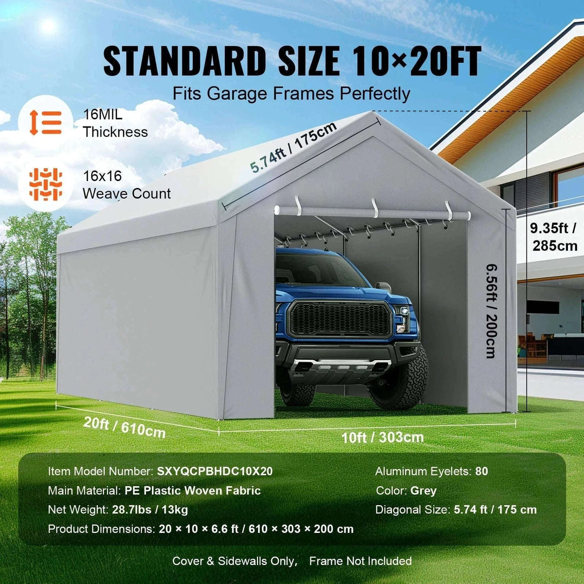 Carport Replacement Canopy Cover Waterproof UV Protected-10x20ft Gray / Poland