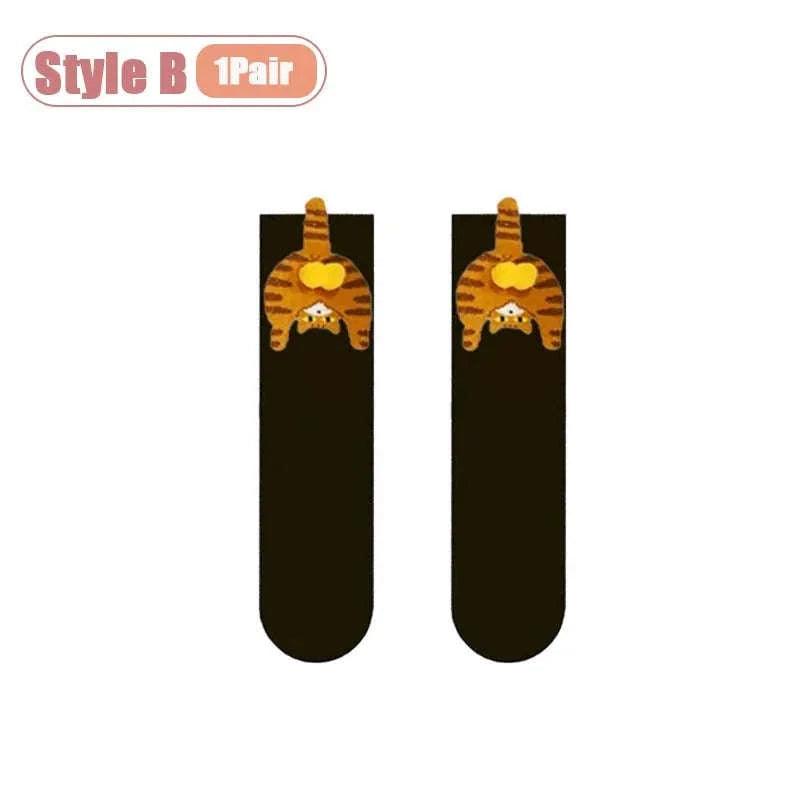 Cartoon Cat Socks Cozy Mid-Calf Cotton Gift for Cat Lovers-Style A-5PCS / One size