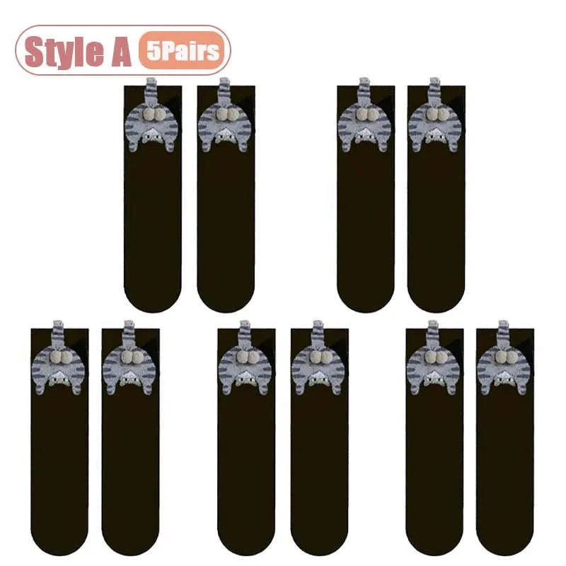 Cartoon Cat Socks Cozy Mid-Calf Cotton Gift for Cat Lovers-Style A-5PCS / One size