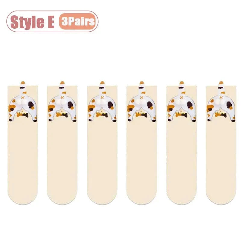 Cartoon Cat Socks Cozy Mid-Calf Cotton Gift for Cat Lovers-Style A-5PCS / One size