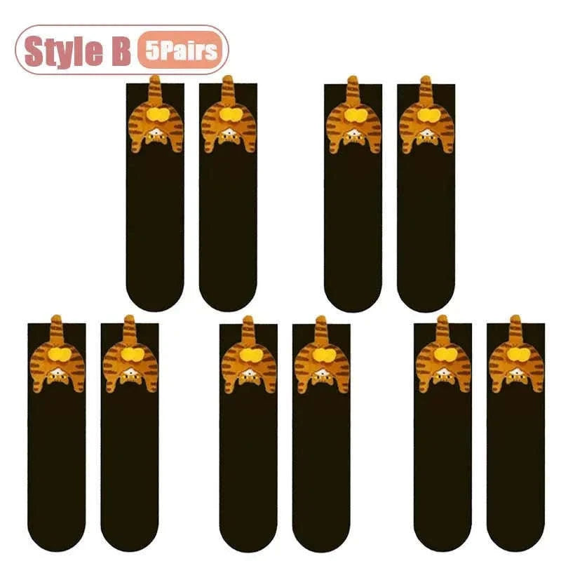 Cartoon Cat Socks Mid-Calf Cozy Cotton Gift for Cat Lovers-Style A-5PCS / One size