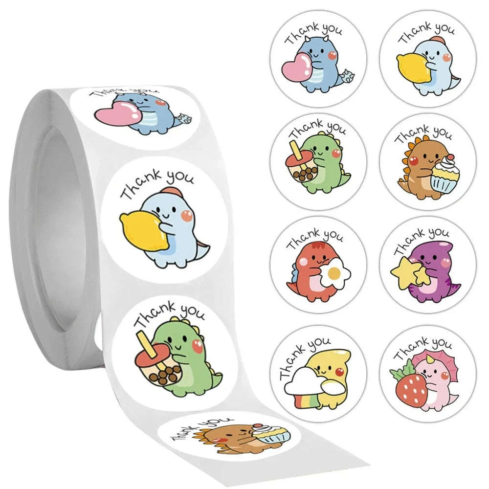 Cartoon Dinosaur Thank You Stickers – 1 Inch Adhesive Labels-100pcs