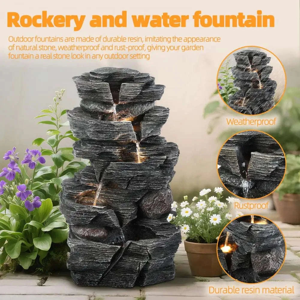 Cascading Rock Water Fountain with Warm LED Light-United States