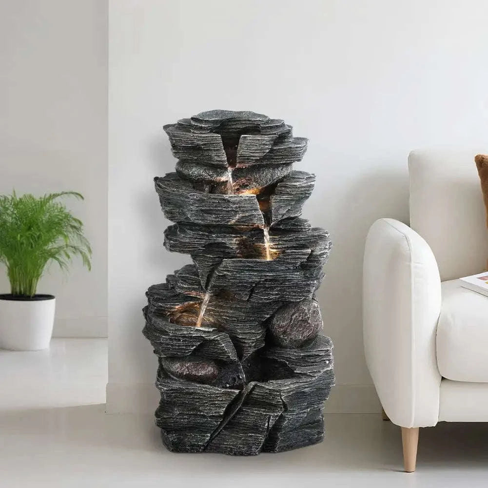Cascading Rock Water Fountain with Warm LED Light-United States