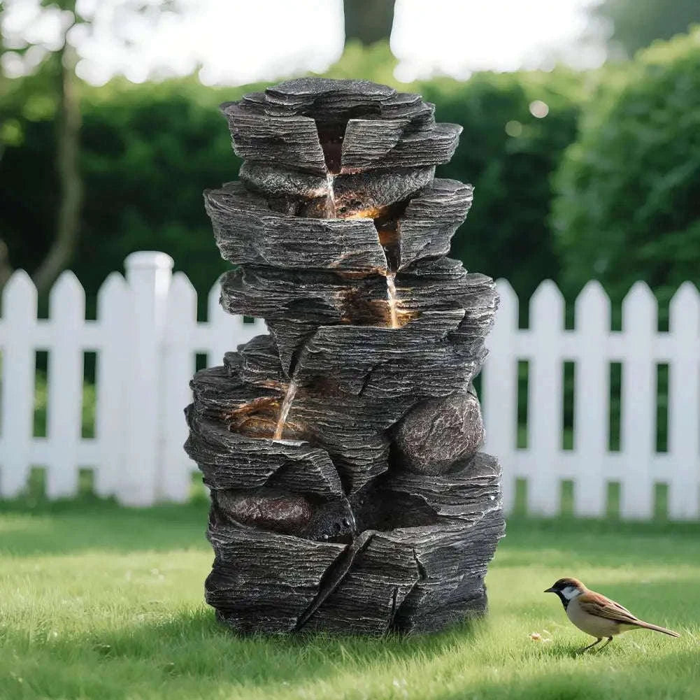 Cascading Rock Water Fountain with Warm LED Light-United States